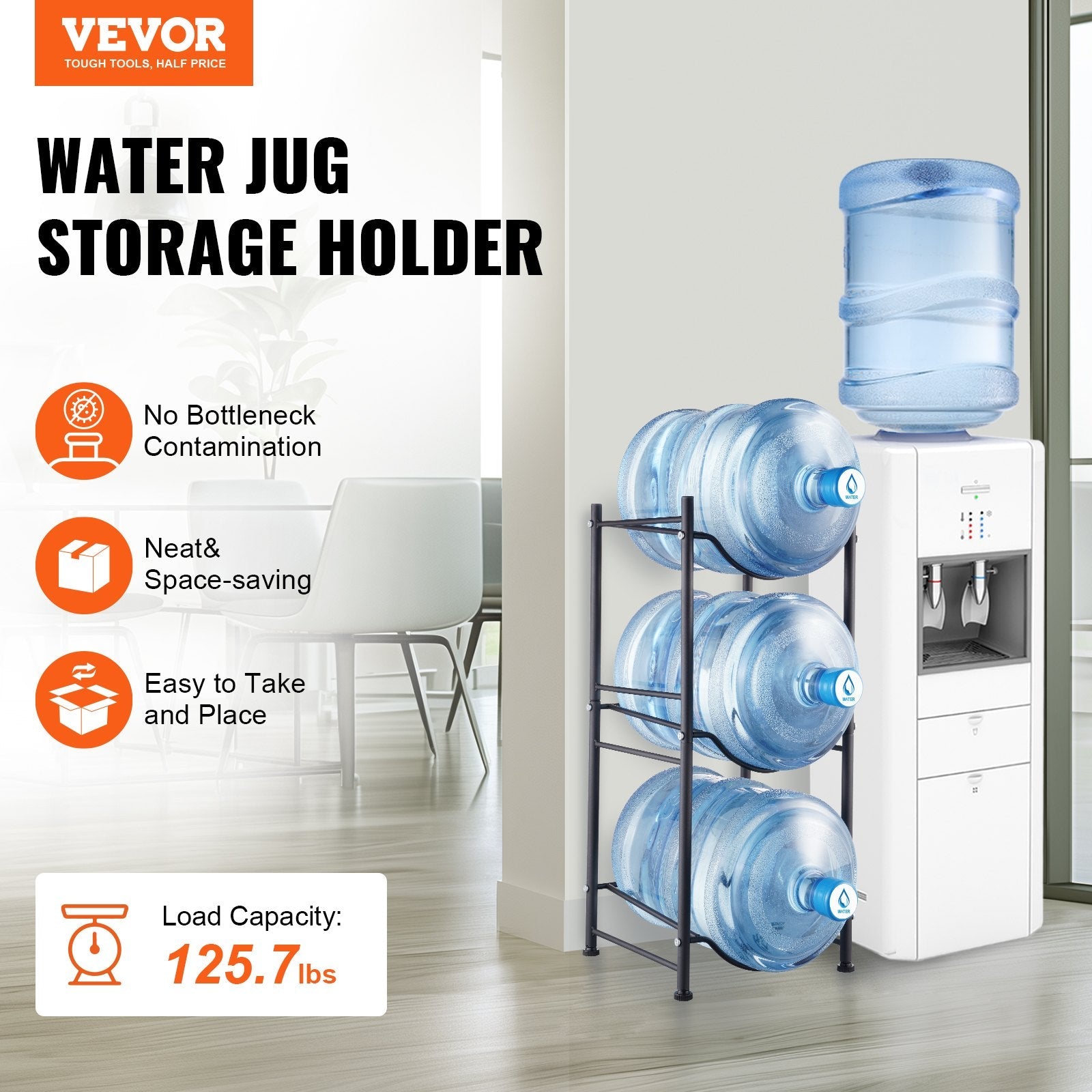 VEVOR 3 Tiers Water Jug Holder Single Row Water Bottle Rack for 3 Bottles Black 