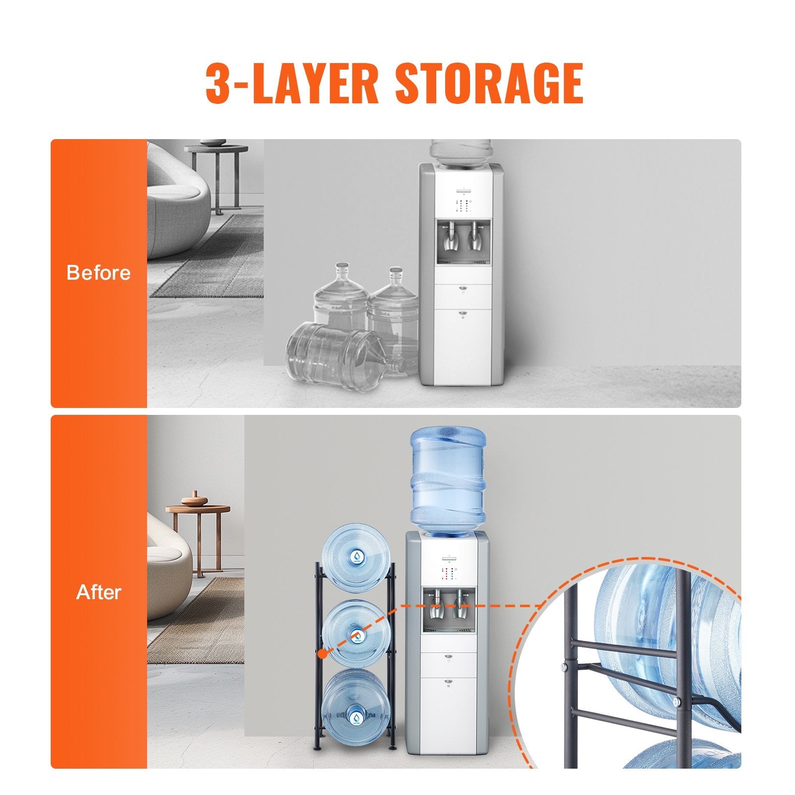 VEVOR 3 Tiers Water Jug Holder Single Row Water Bottle Rack for 3 Bottles Black 