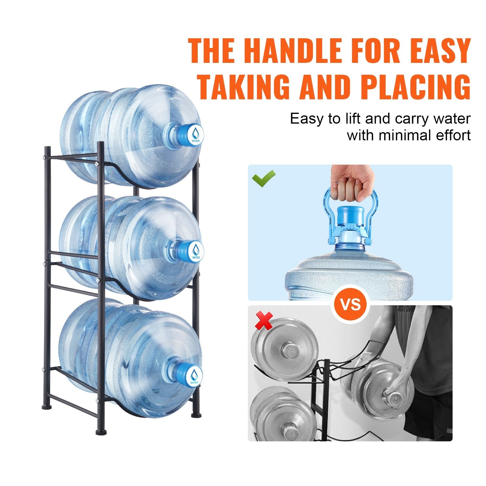 VEVOR 3 Tiers Water Jug Holder Single Row Water Bottle Rack for 3 Bottles Black 