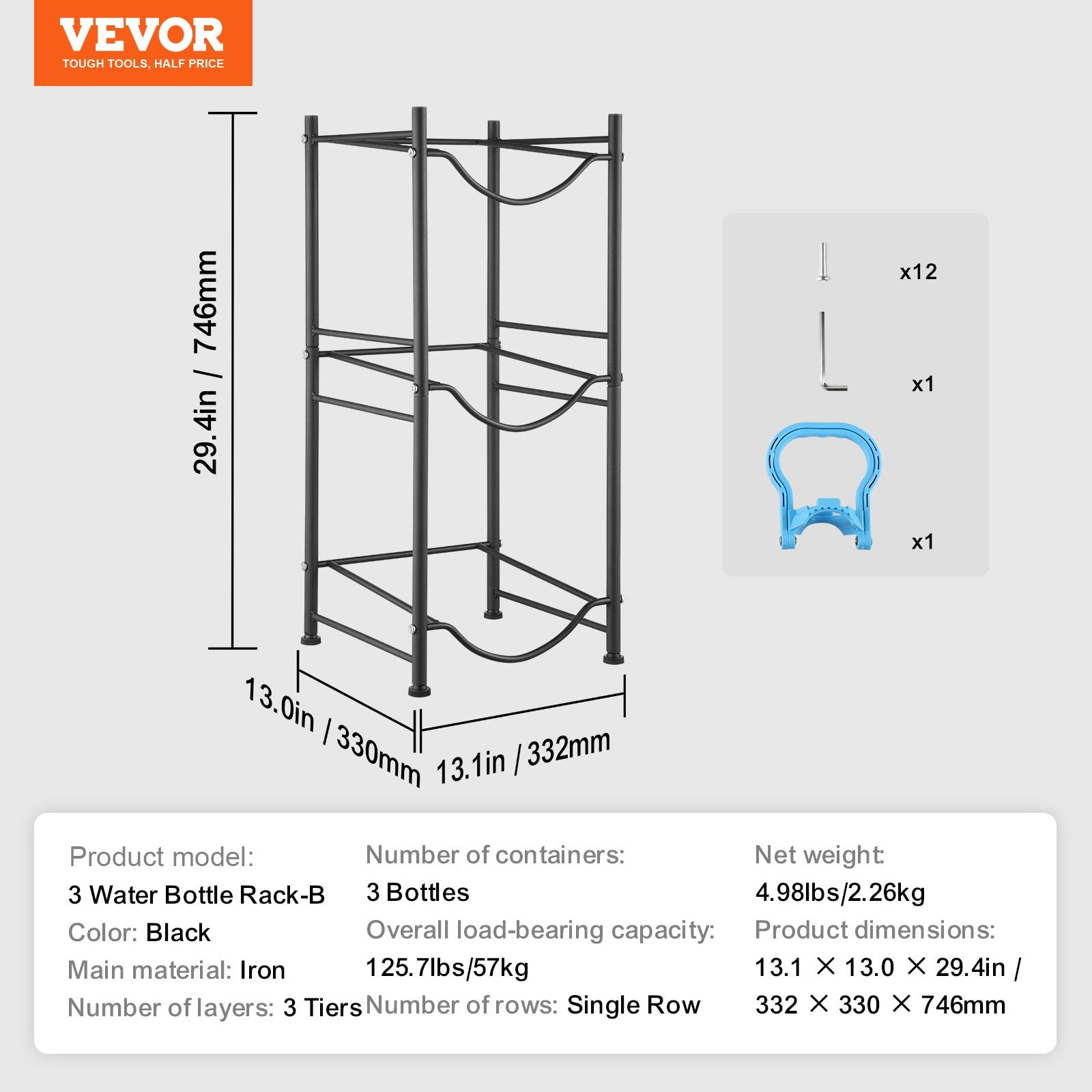 VEVOR 3 Tiers Water Jug Holder Single Row Water Bottle Rack for 3 Bottles Black 