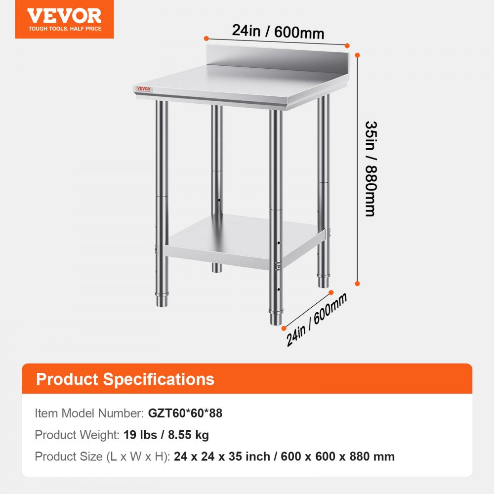 VEVOR Stainless Steel Work Table 24 x 24 x 34 Inch Commercial Food Prep Worktable Heavy Duty Prep Worktable Metal Work Table with Adjustable Feet for Restaurant, Home and Hotel 