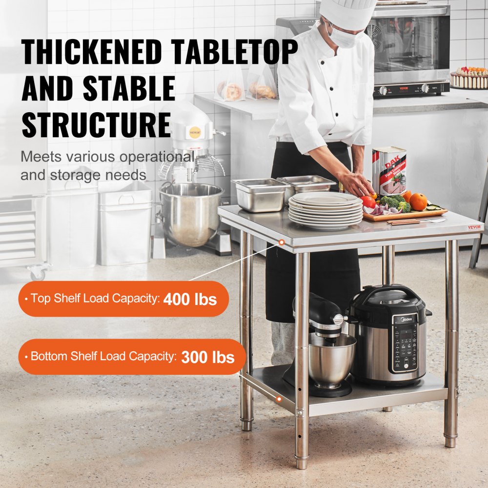 VEVOR Stainless Steel Work Table 24 x 30 x 32 Inch Commercial Food Prep Worktable for Home, Kitchen, Restaurant Metal Prep Table with Adjustable Feet 