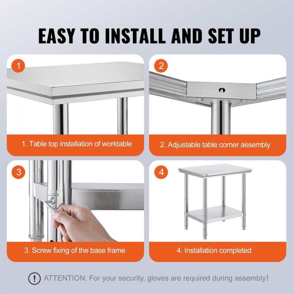 VEVOR Stainless Steel Work Table 24 x 30 x 32 Inch Commercial Food Prep Worktable for Home, Kitchen, Restaurant Metal Prep Table with Adjustable Feet 