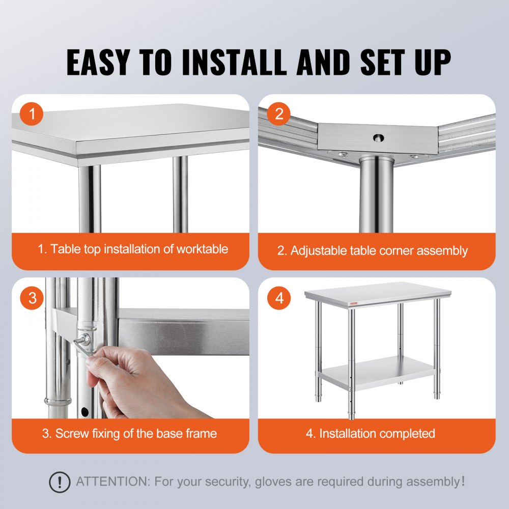 VEVOR Stainless Steel Work Table 24 x 36 x 32 Inch Commercial Kitchen Prep & Work Table Heavy Duty Prep Worktable Metal Work Table with Adjustable Feet for Restaurant, Home and Hotel 