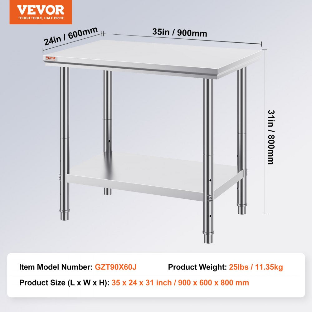 VEVOR Stainless Steel Work Table 24 x 36 x 32 Inch Commercial Kitchen Prep & Work Table Heavy Duty Prep Worktable Metal Work Table with Adjustable Feet for Restaurant, Home and Hotel 