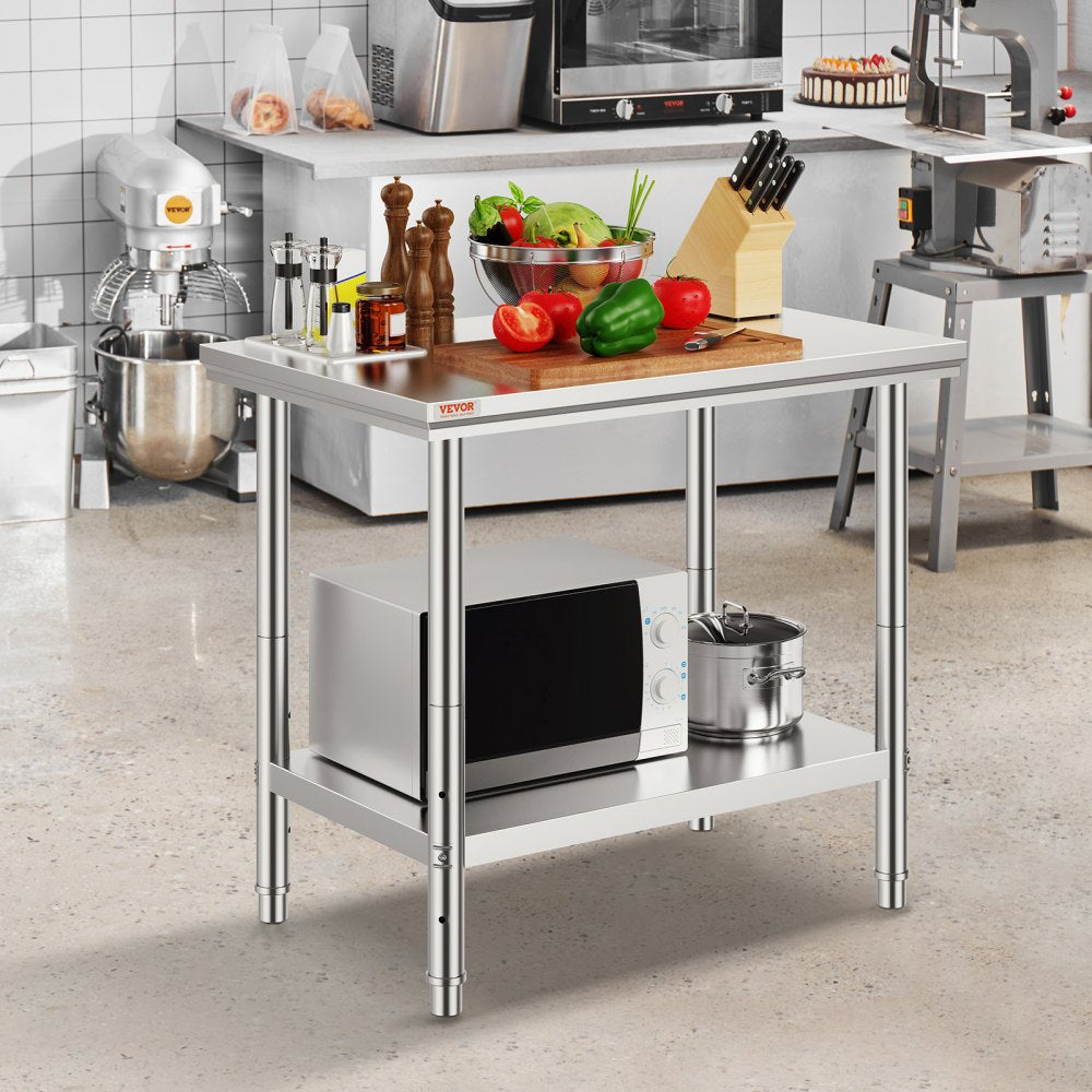 VEVOR Stainless Steel Work Table 24 x 36 x 32 Inch Commercial Kitchen Prep & Work Table Heavy Duty Prep Worktable Metal Work Table with Adjustable Feet for Restaurant, Home and Hotel 
