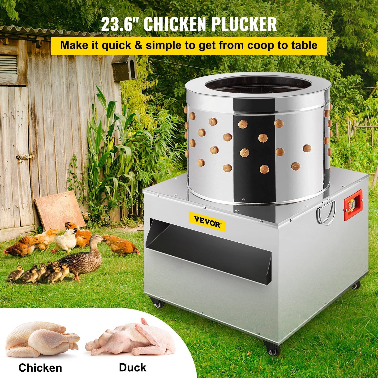 VEVOR Chicken Poultry Plucker 2200W 240R/min Turkey Chicken Poultry Plucking Machine 23.5inch Barrel Diameter Stainless Steel Feather Plucking Machine with Wheels Defeather Hair Removal Machine 