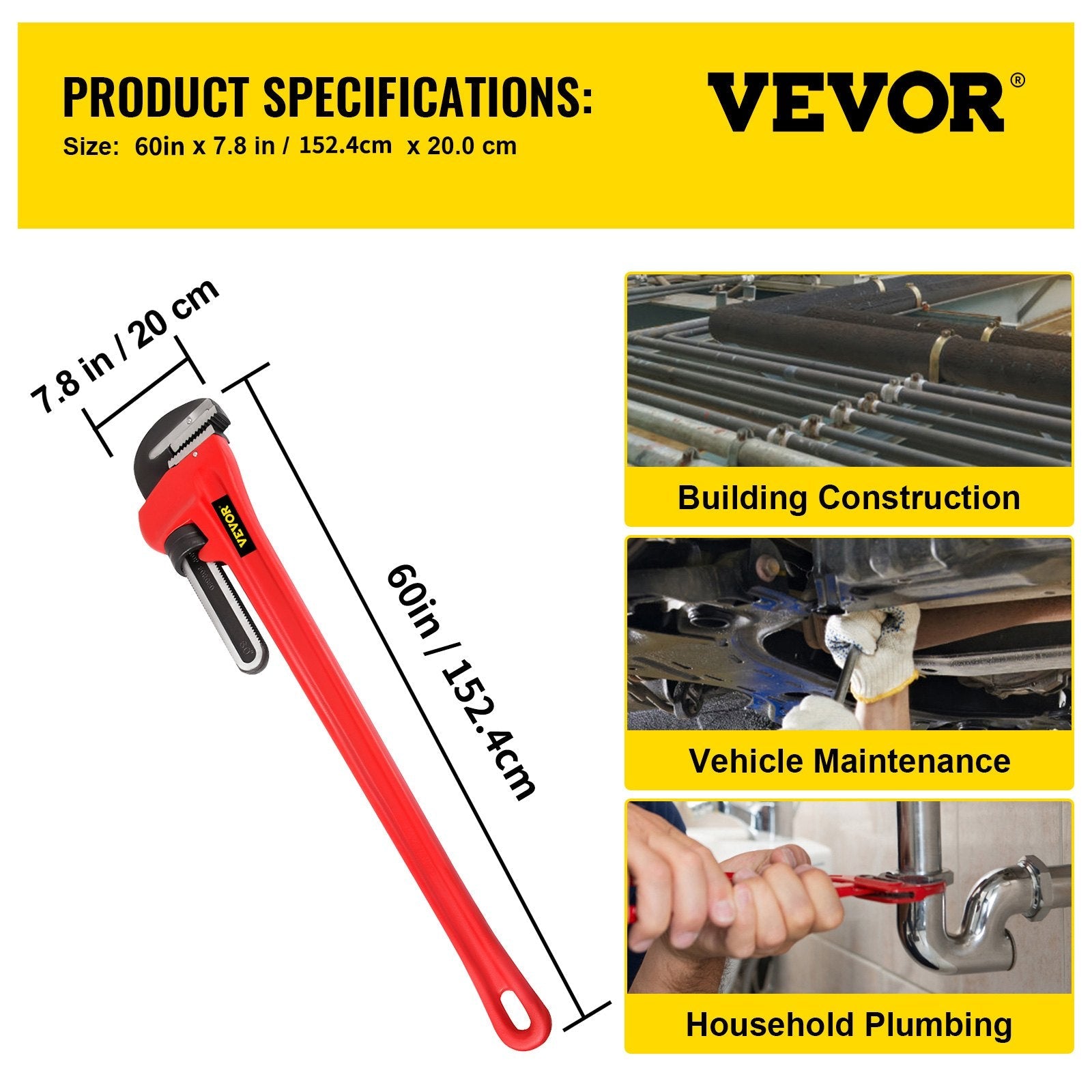 VEVOR 60" Cast Iron Handle Heavy-Duty Hook Jaw Straight Pipe Wrench 