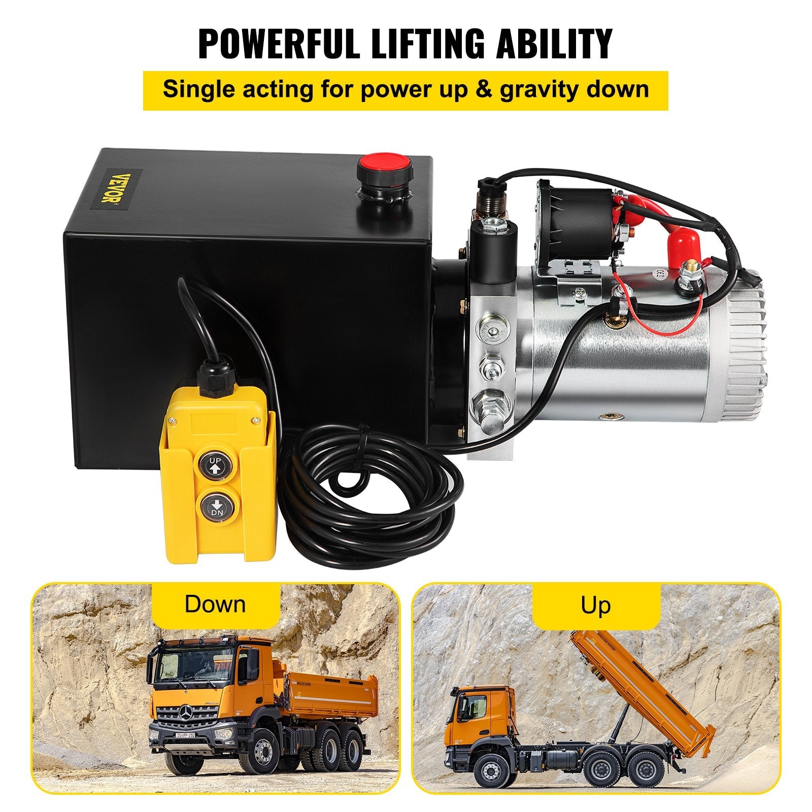 VEVOR 6 Quart Hydraulic Power Unit Steel Tank Hydraulic Pump Single Acting 3200 PSI Max 12V DC Power Unit for Dump Trailer Car Lifting 