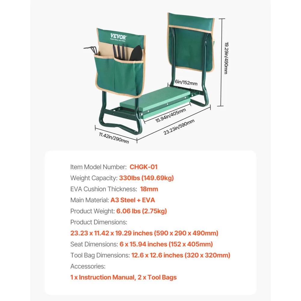 VEVOR Garden Kneeler and Seat 6" Wide Pad 330lbs Capacity Folding Garden Stool