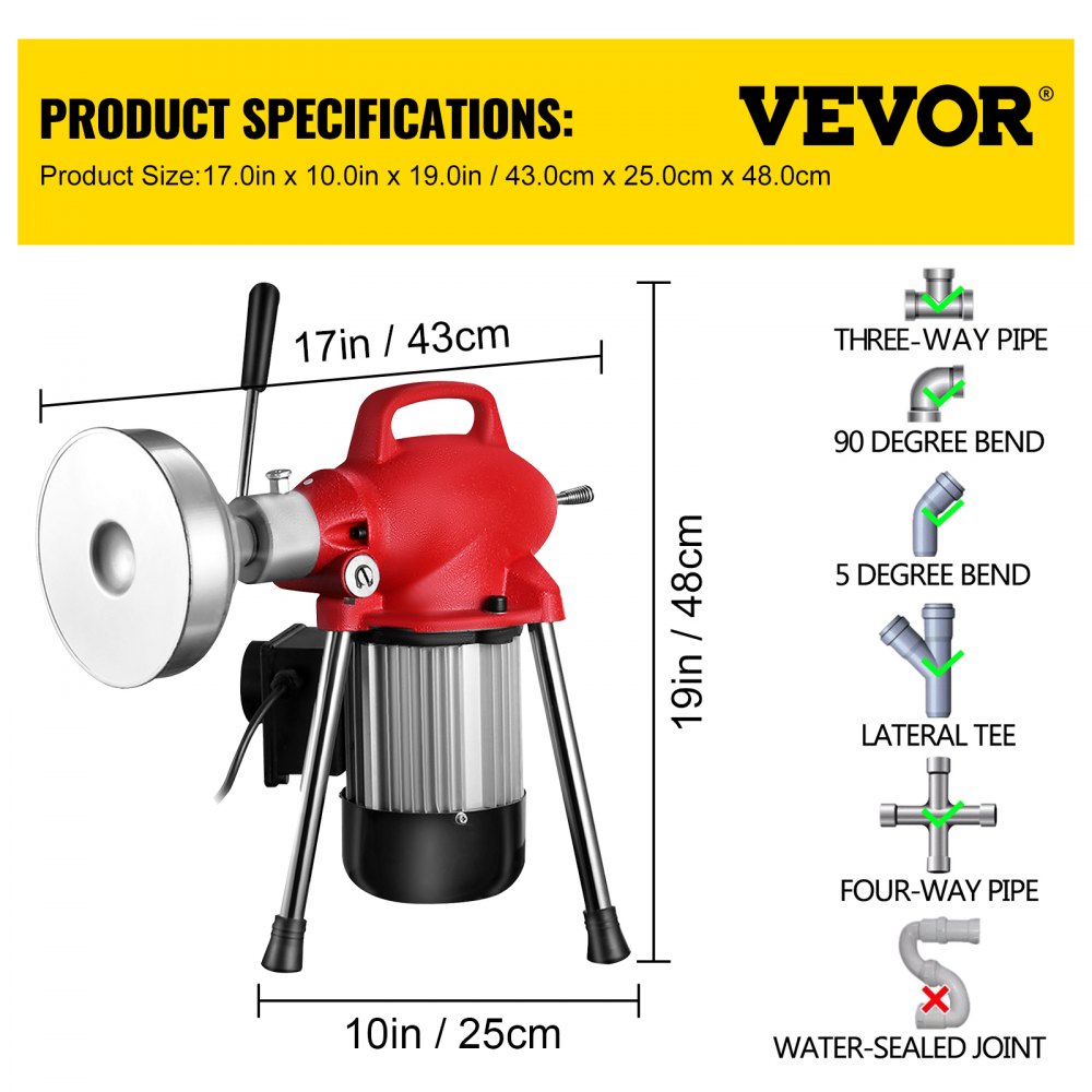 VEVOR Drain Cleaner Machine, 500W 3 Cables, Electric Drain Auger for 3/4\" to 4\" Pipes, Power Spin with Autofeed Function & 6 Cutters, Sewer Snake for Toilet, Sewer, Bathroom, Sink and Shower 