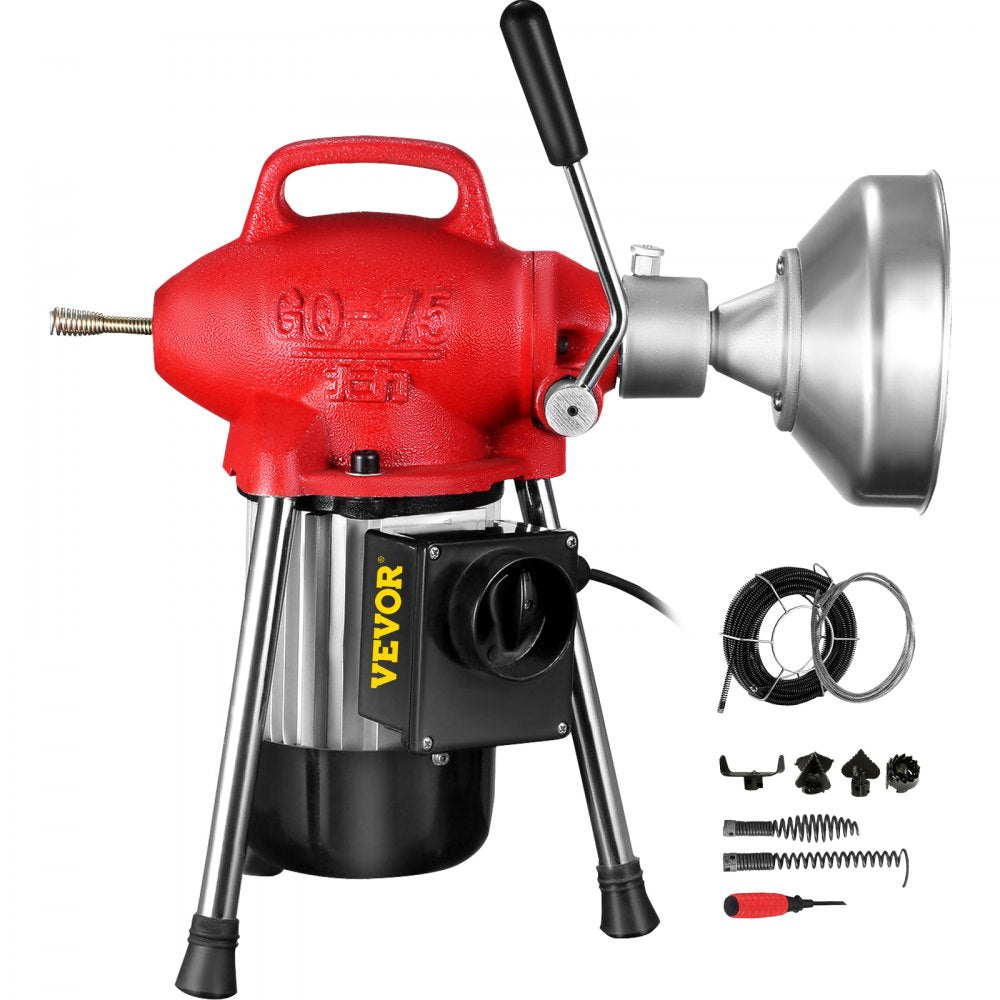 VEVOR Drain Cleaner Machine, 500W 3 Cables, Electric Drain Auger for 3/4\" to 4\" Pipes, Power Spin with Autofeed Function & 6 Cutters, Sewer Snake for Toilet, Sewer, Bathroom, Sink and Shower 