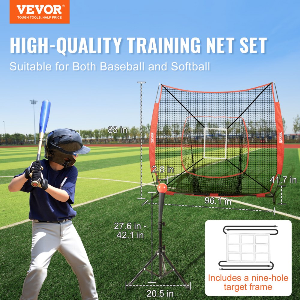 VEVOR 7x7 ft Baseball Softball Practice Net, Portable Baseball Training Net for Hitting Batting Catching Pitching, Backstop Baseball Equipment with Bow Frame, Carry Bag, Strike Zone, Ball, Batting Tee 