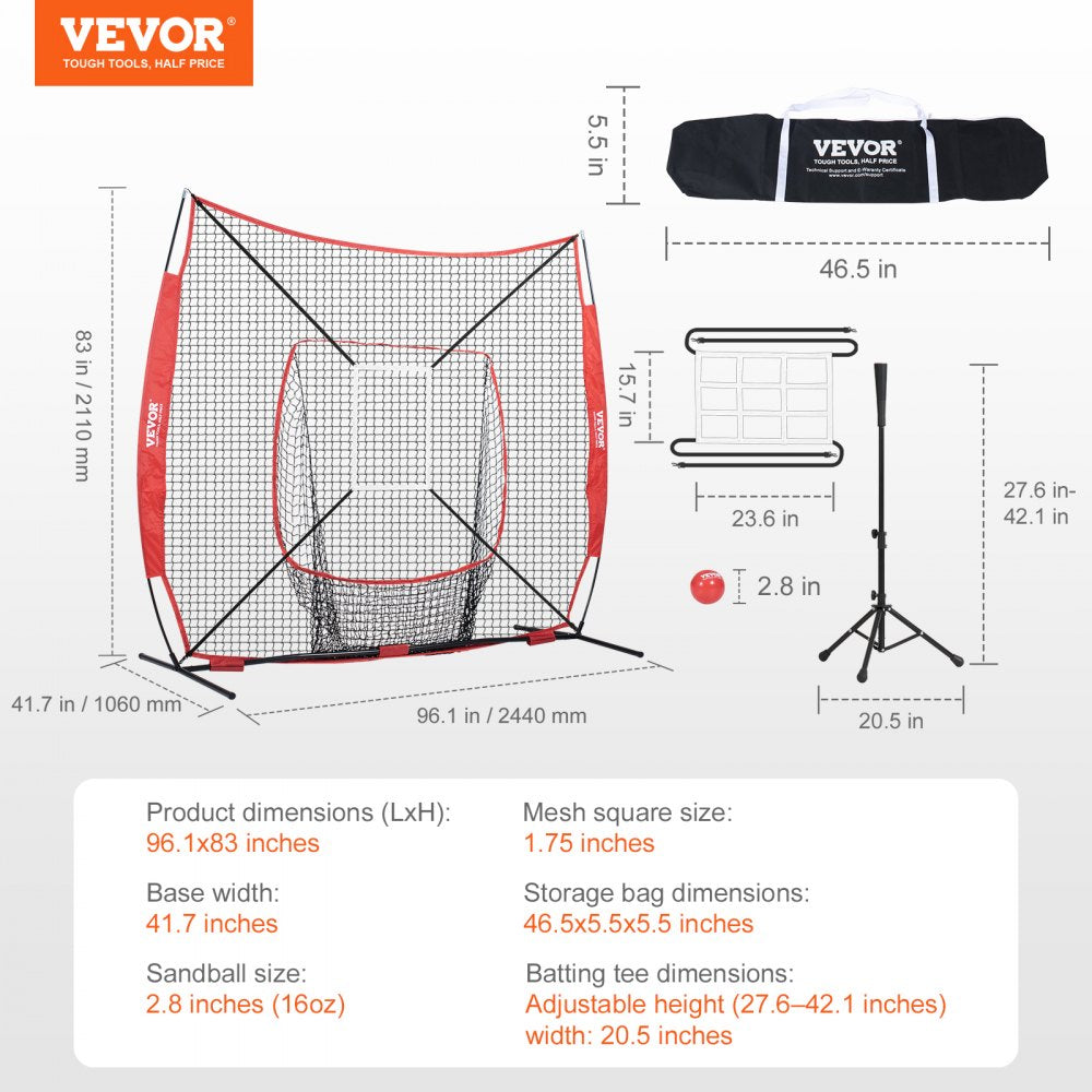VEVOR 7x7 ft Baseball Softball Practice Net, Portable Baseball Training Net for Hitting Batting Catching Pitching, Backstop Baseball Equipment with Bow Frame, Carry Bag, Strike Zone, Ball, Batting Tee 