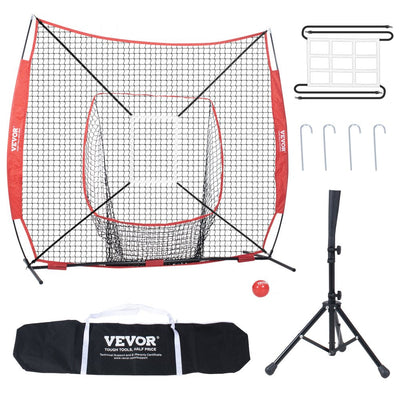 VEVOR 7x7 ft Baseball Softball Practice Net, Portable Baseball Training Net for Hitting Batting Catching Pitching, Backstop Baseball Equipment with Bow Frame, Carry Bag, Strike Zone, Ball, Batting Tee 