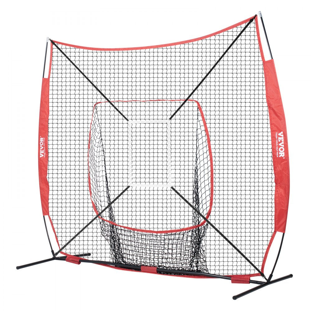 VEVOR 7x7 ft Baseball Softball Practice Net, Portable Baseball Training Net for Hitting Batting Catching Pitching, Backstop Baseball Equipment with Bow Frame, Carry Bag, Strike Zone, Ball, Batting Tee 