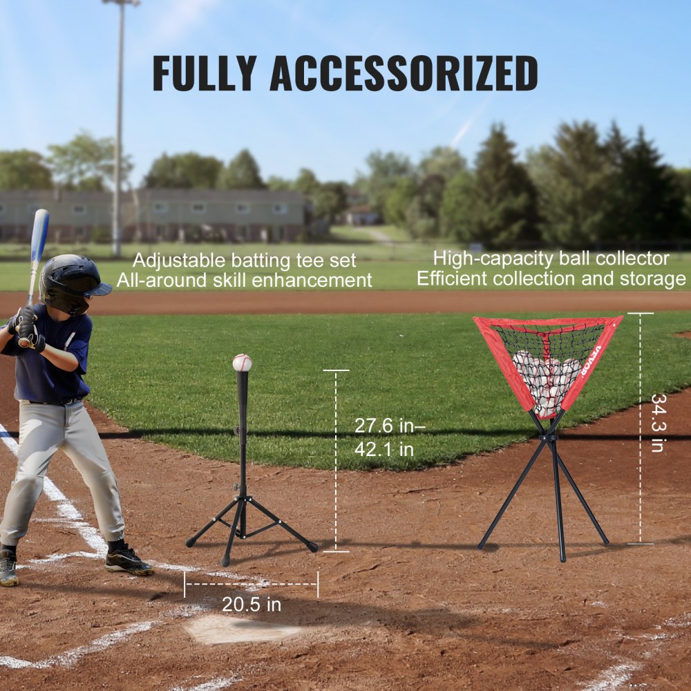 VEVOR 7x7 ft Baseball Softball Practice Net, Portable Baseball Training Net for Hitting Catching Pitching, Backstop Equipment with Bow Frame, Carry Bag, Strike Zone, 12 Balls, Tee, and Ball Collector 