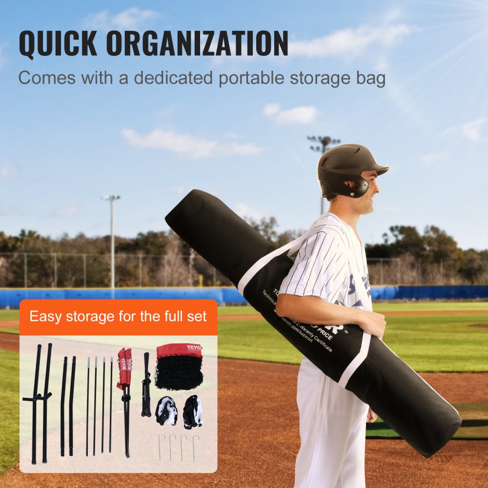 VEVOR 7x7 ft Baseball Softball Practice Net, Portable Baseball Training Net for Hitting Catching Pitching, Backstop Equipment with Bow Frame, Carry Bag, Strike Zone, 12 Balls, Tee, and Ball Collector 