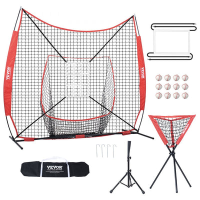 VEVOR 7x7 ft Baseball Softball Practice Net, Portable Baseball Training Net for Hitting Catching Pitching, Backstop Equipment with Bow Frame, Carry Bag, Strike Zone, 12 Balls, Tee, and Ball Collector 