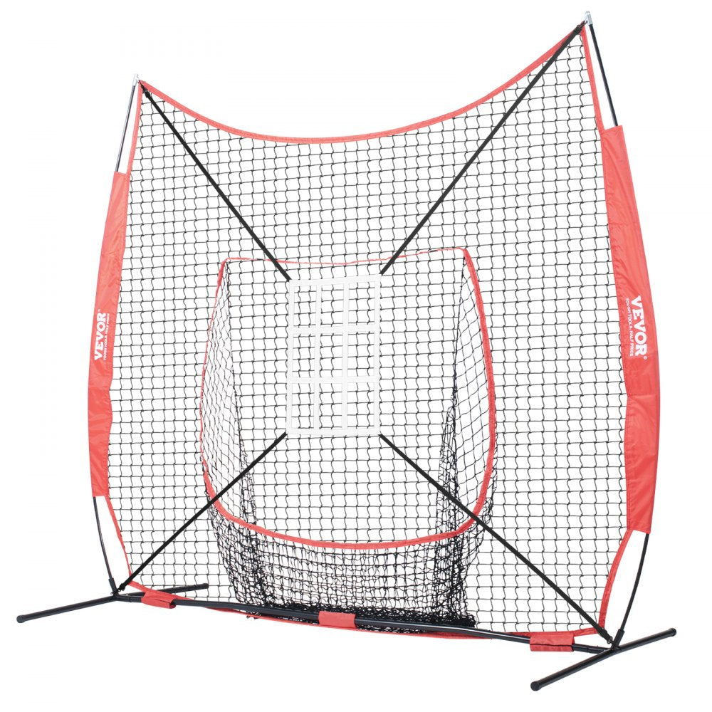 VEVOR 7x7 ft Baseball Softball Practice Net, Portable Baseball Training Net for Hitting Catching Pitching, Backstop Equipment with Bow Frame, Carry Bag, Strike Zone, 12 Balls, Tee, and Ball Collector 