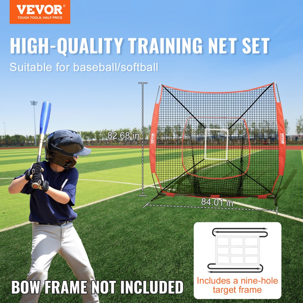 VEVOR 7x7 ft Baseball Softball Practice Net, Portable Baseball Training Net for Hitting Batting Catching Pitching, Backstop Baseball Equipment Training Aids with Strike Zone 