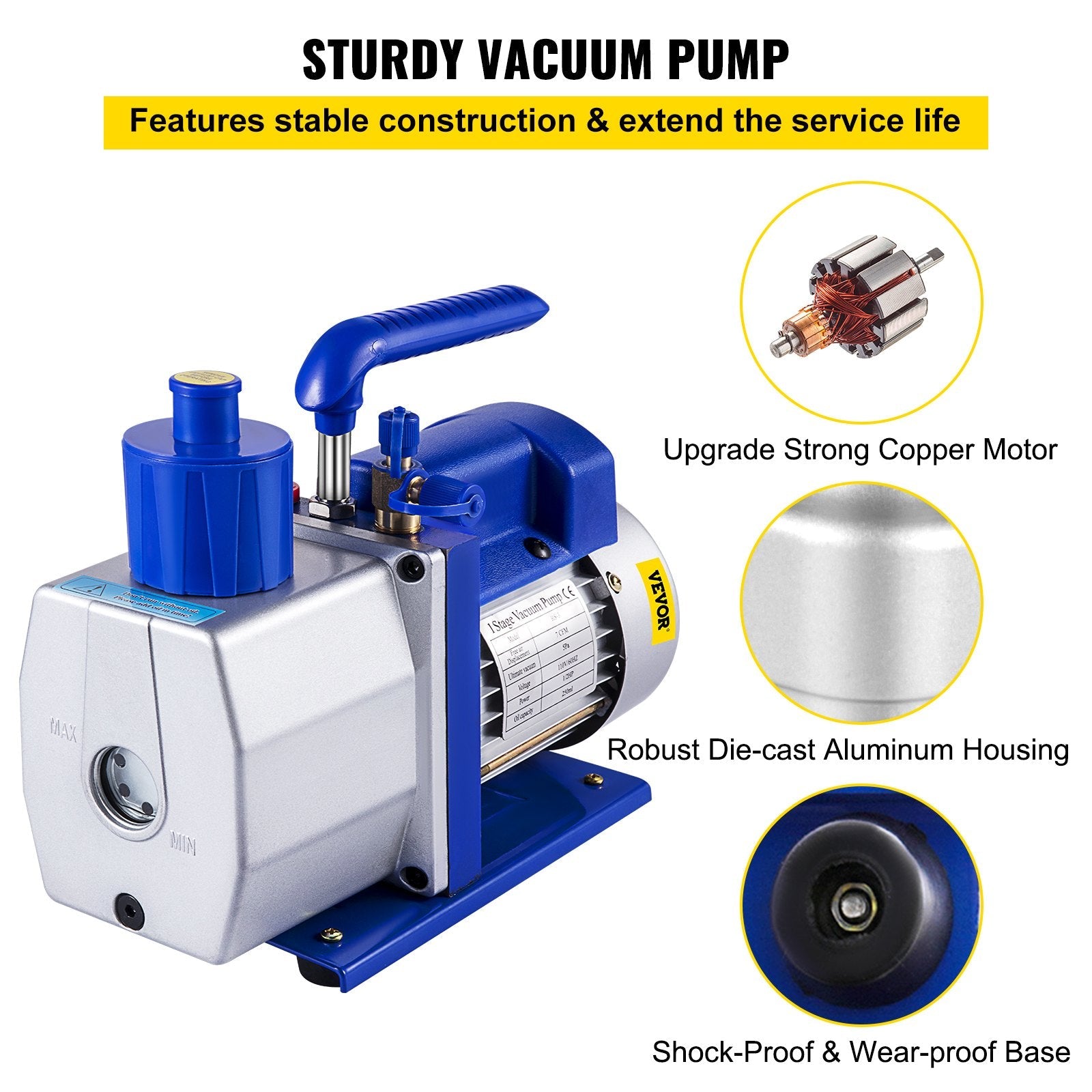 VEVOR Vacuum Pump 7 CFM 1/2 HP 1 Stage Ultimate Vacuum Refrigerant HVAC Air Tool 110V 5PA Air Conditioning Pump for Automobile Reparation Vacuum Evacuation 
