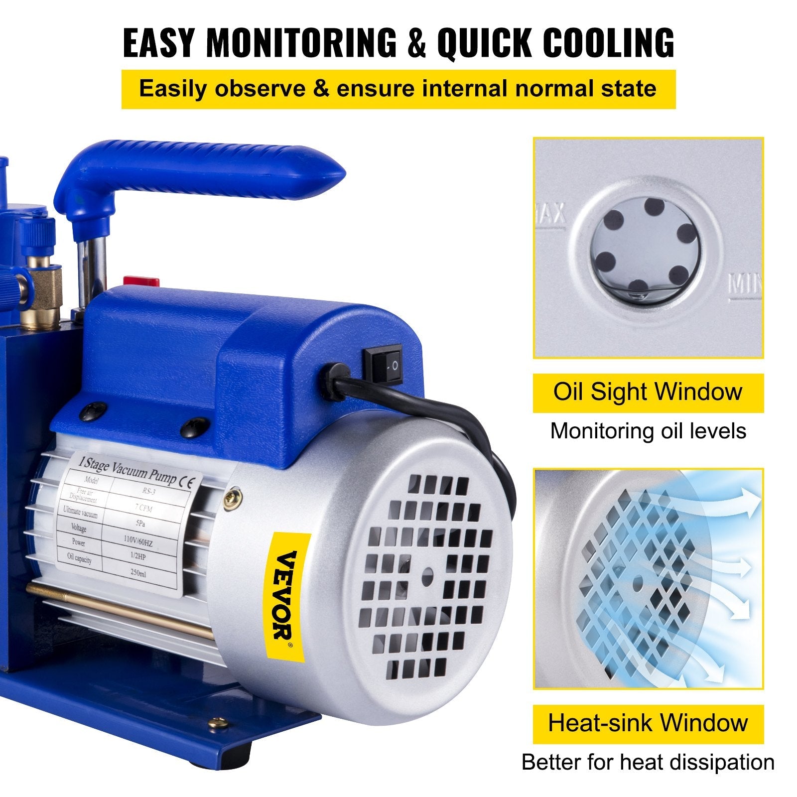 VEVOR Vacuum Pump 7 CFM 1/2 HP 1 Stage Ultimate Vacuum Refrigerant HVAC Air Tool 110V 5PA Air Conditioning Pump for Automobile Reparation Vacuum Evacuation 