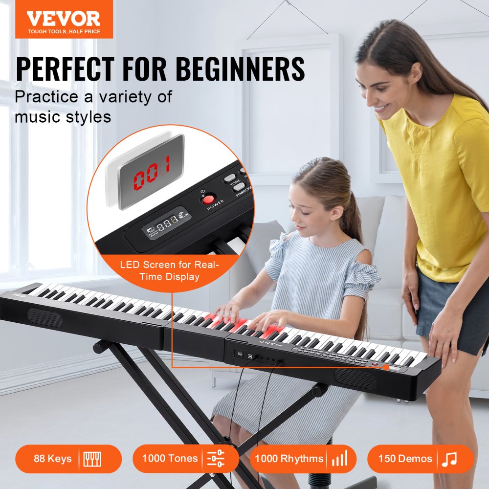 VEVOR 88 Key Digital Piano Keyboard Semi Weighted Electric Portable with Stand 