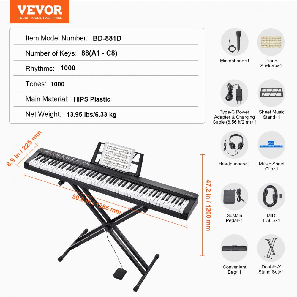 VEVOR 88 Key Digital Piano Keyboard Semi Weighted Electric Portable with Stand 