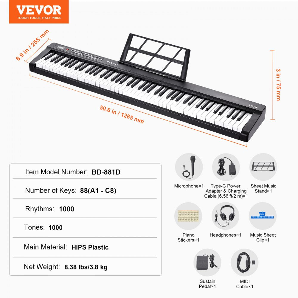 VEVOR 88 Key Digital Piano Keyboard Semi Weighted Full Size Electric Portable 