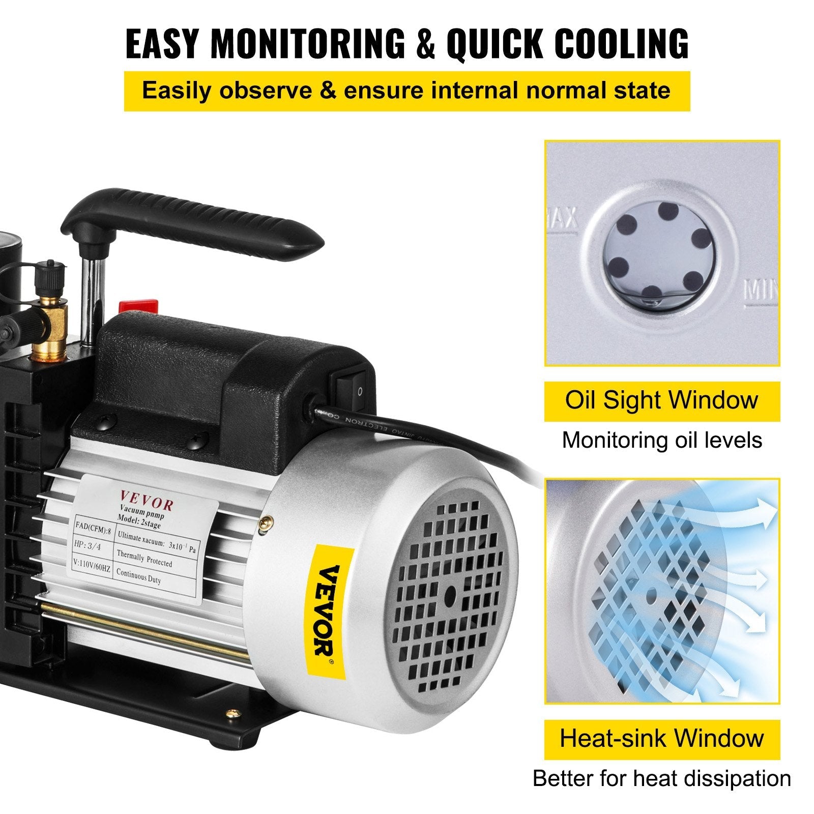 VEVOR Vacuum Pump 8CFM 1 HP Two Stage Air Conditioning Vacuum Pump 110V 0.3PA Ultimate Vacuum Refrigerant HVAC Air Tool for Automobile Reparation Vacuum Evacuation (2-Stage, 8CFM) 