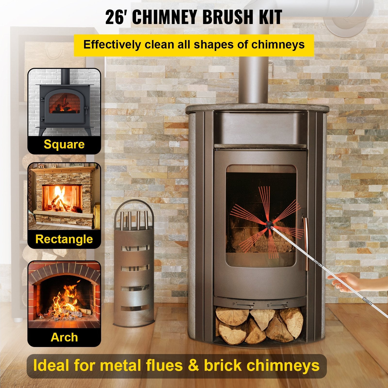 VEVOR Chimney Sweep Kit 26FT, Chimney Brush 315 Inch Chimney Brush Rod Kit 8 Rods with Nylon Flexible Rods . 