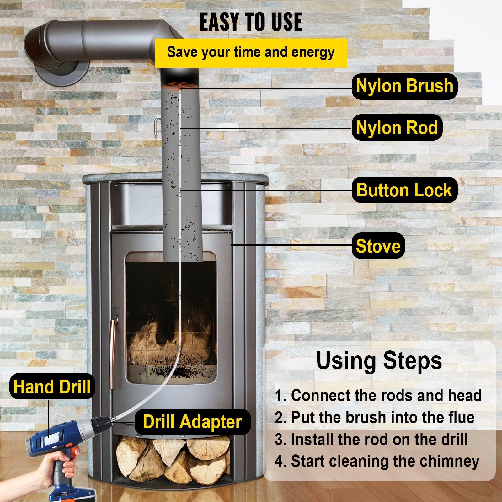 VEVOR Chimney Sweep Kit 26FT, Chimney Brush 315 Inch Chimney Brush Rod Kit 8 Rods with Nylon Flexible Rods . 