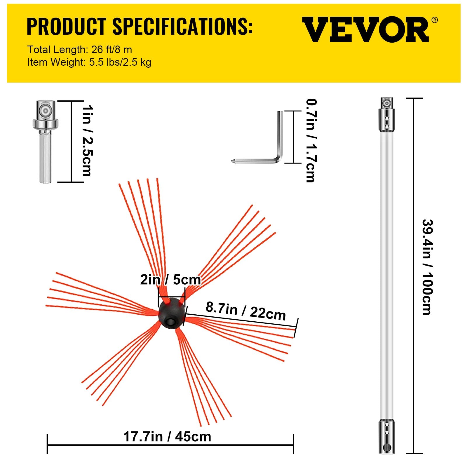 VEVOR Chimney Sweep Kit 26FT, Chimney Brush 315 Inch Chimney Brush Rod Kit 8 Rods with Nylon Flexible Rods . 