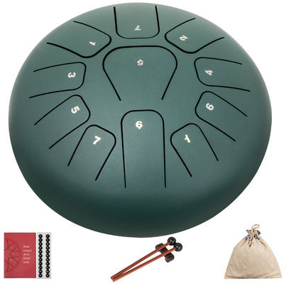 VEVOR Steel Tongue Drum 11 Notes 8 Inches Dia Tongue Drum Mineral Green Handpan Drum Notes Percussion Instrument Steel Drums Instruments with Bag, Music Book, Mallets, Mallet Bracket 