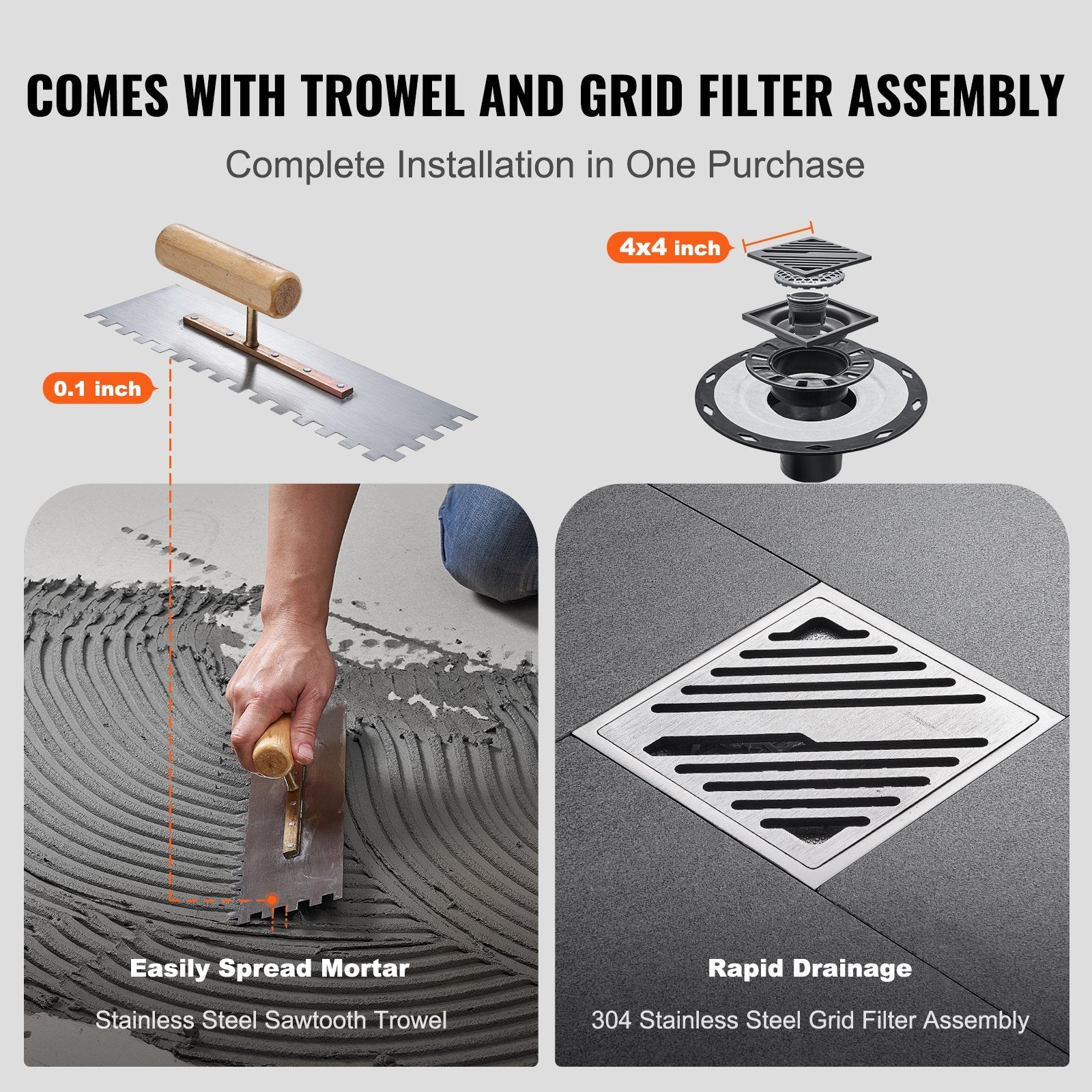 VEVOR Shower Curb Kit, 72"x72" Shower Pan Kit with 2" ABS Central Flange, 4" Stainless Steel Grate, Waterproof Shower Curb & Membrane & Strip, Shower Pan Slope Sticks Fit for Bathroom 
