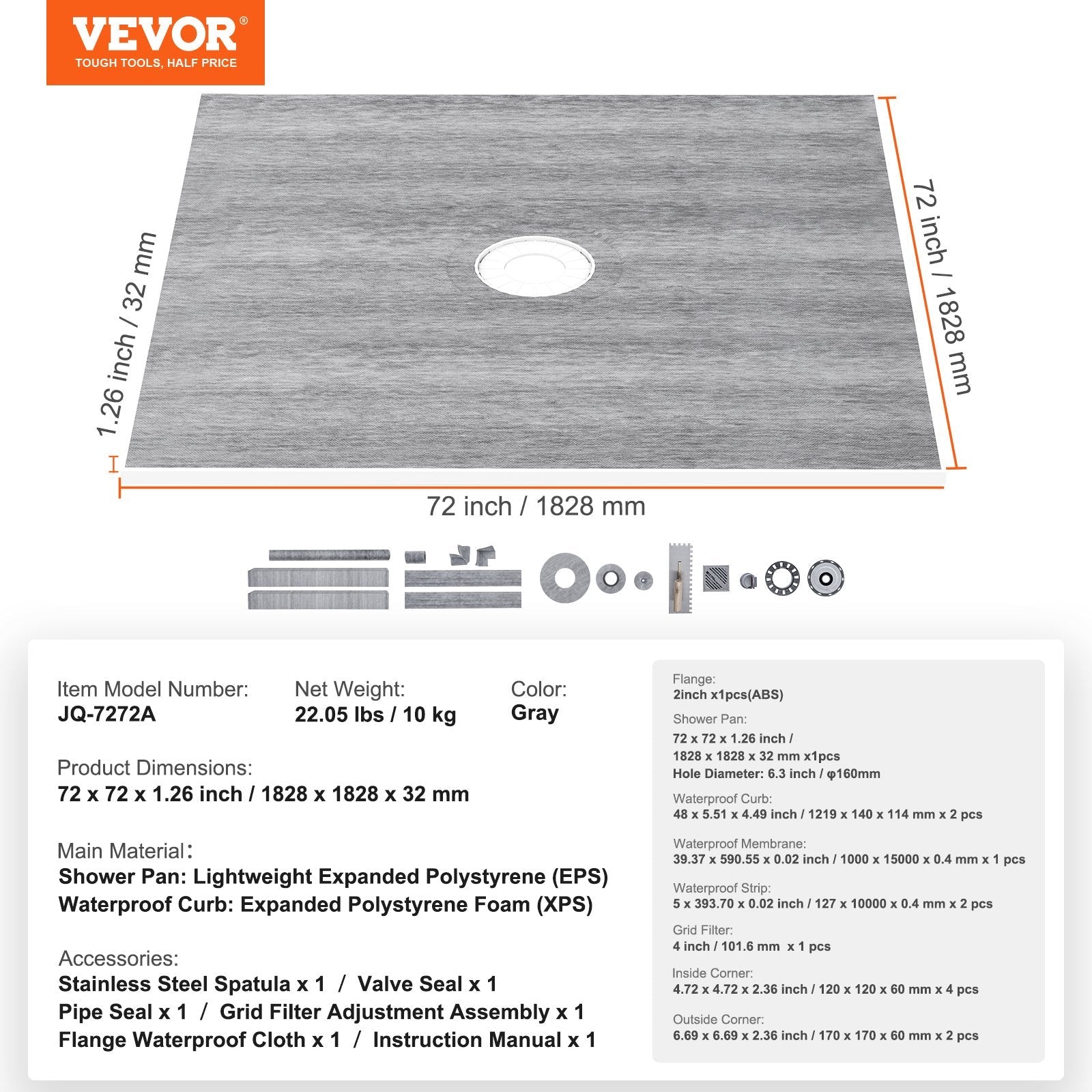 VEVOR Shower Curb Kit, 72"x72" Shower Pan Kit with 2" ABS Central Flange, 4" Stainless Steel Grate, Waterproof Shower Curb & Membrane & Strip, Shower Pan Slope Sticks Fit for Bathroom 
