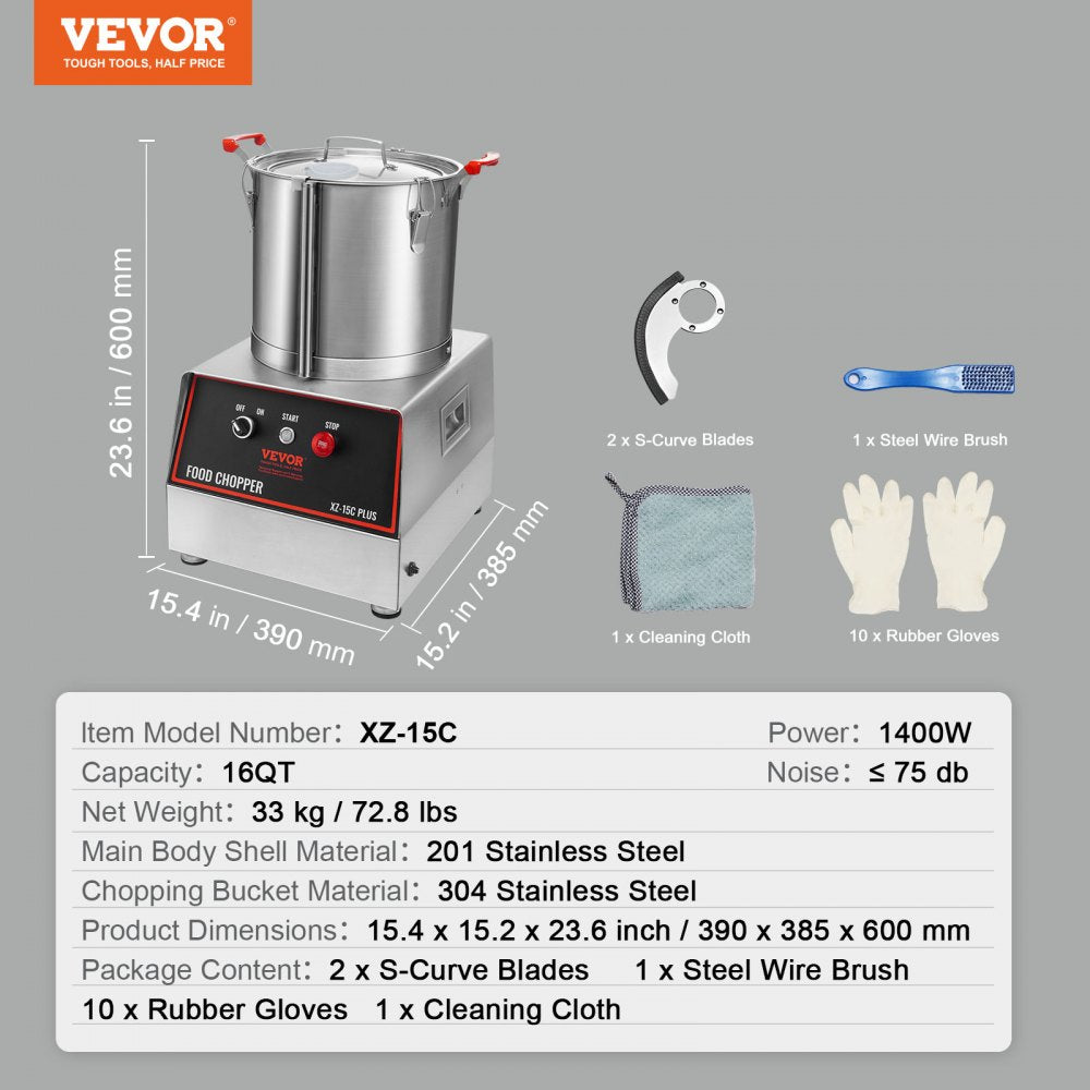 VEVOR Food Processor & Vegetable Chopper, 16 Quart, 1400W Food-Grade Stainless Steel Food Processor Chopper with 2 Extra S-Curve Blades, Multifunctional for Chopping Vegetables, Meat, Grains, Nuts 