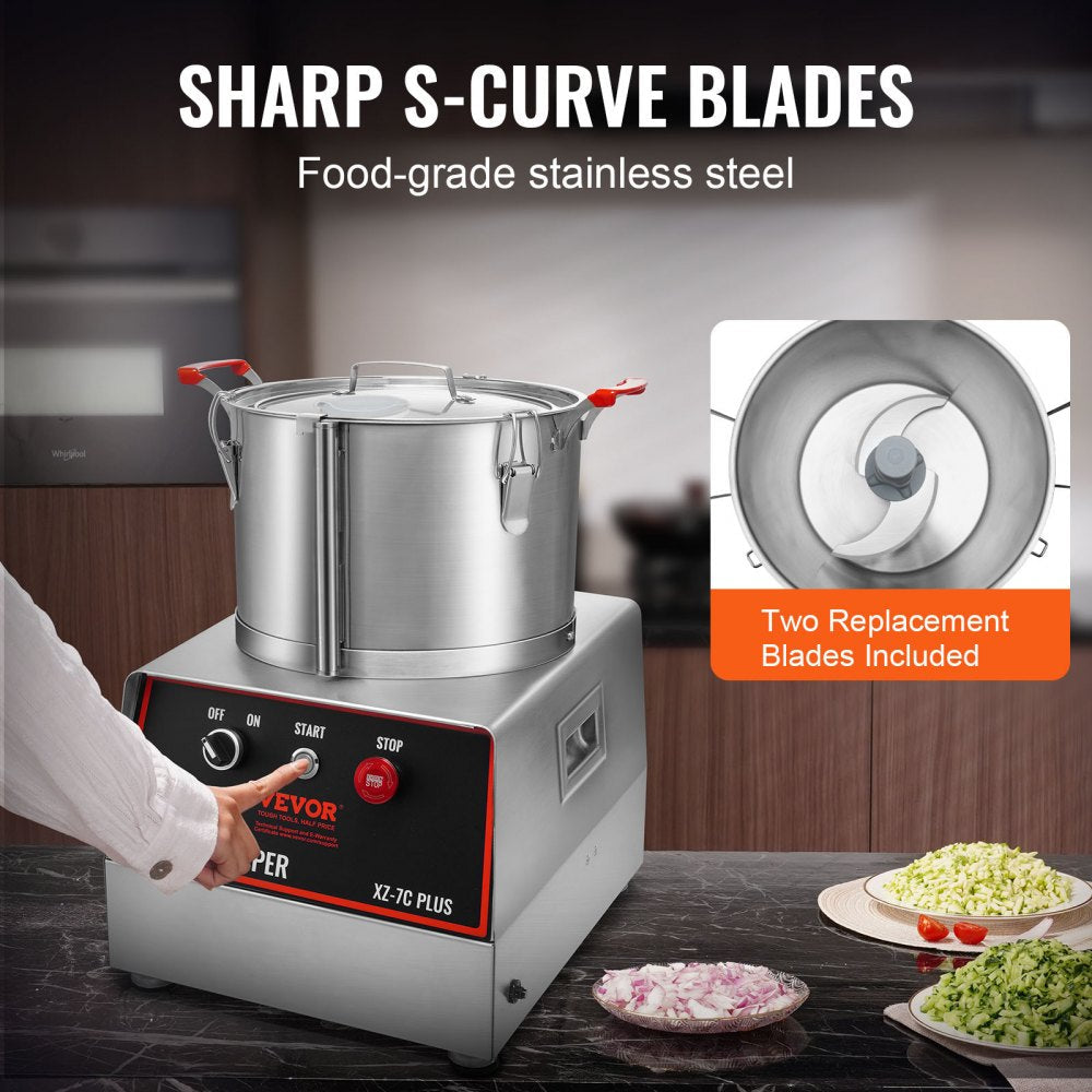 VEVOR Food Processor & Vegetable Chopper, 7 Quart Bowl, 750W Food-Grade Stainless Steel Food Processor Chopper with 2 Extra S-Curve Blades, Multifunctional for Chopping Vegetables, Meat, Grains, Nuts 