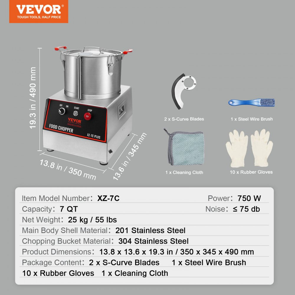 VEVOR Food Processor & Vegetable Chopper, 7 Quart Bowl, 750W Food-Grade Stainless Steel Food Processor Chopper with 2 Extra S-Curve Blades, Multifunctional for Chopping Vegetables, Meat, Grains, Nuts 