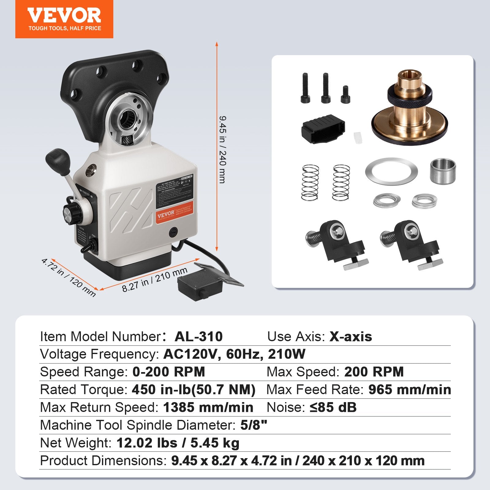 VEVOR PAl-310S Power Feed X-Axis 450 in-lb Torque,Power Feed Milling Machine 0-200PRM, Power Table Feed Mill 110V,for Bridgeport and Similar Knee Type Milling Machines 