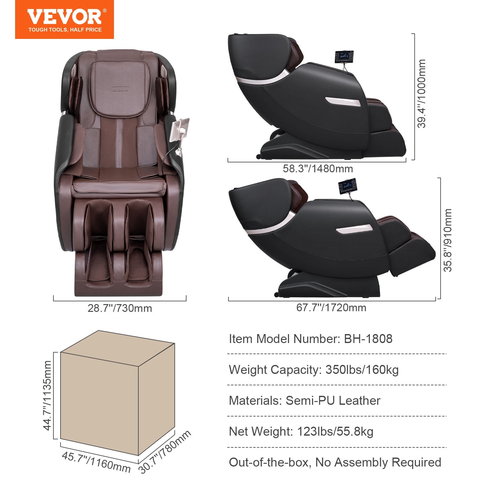 VEVOR Massage Chair - Full Body Zero Gravity Recliner with Multi Auto Modes, 3D Shiatsu, Heating, Bluetooth Speaker, Airbag, Foot Roller, and Touch Screen 