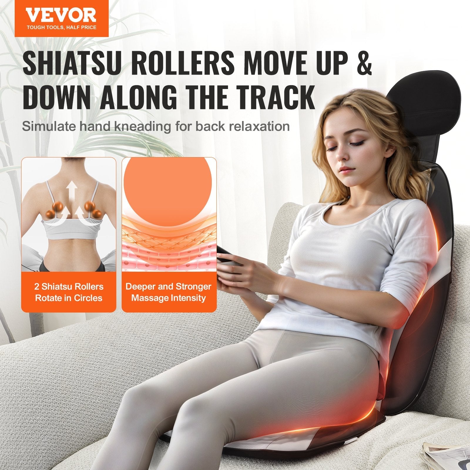VEVOR Shiatsu Back Massager with Heat, Massage Seat Cushion with 2-Group Back Shiatsu Rollers and 2 Seat Vibration Motors, Fatigue Relief Seat Massage Chair Pad with 5 Vibration Modes for Home Office 