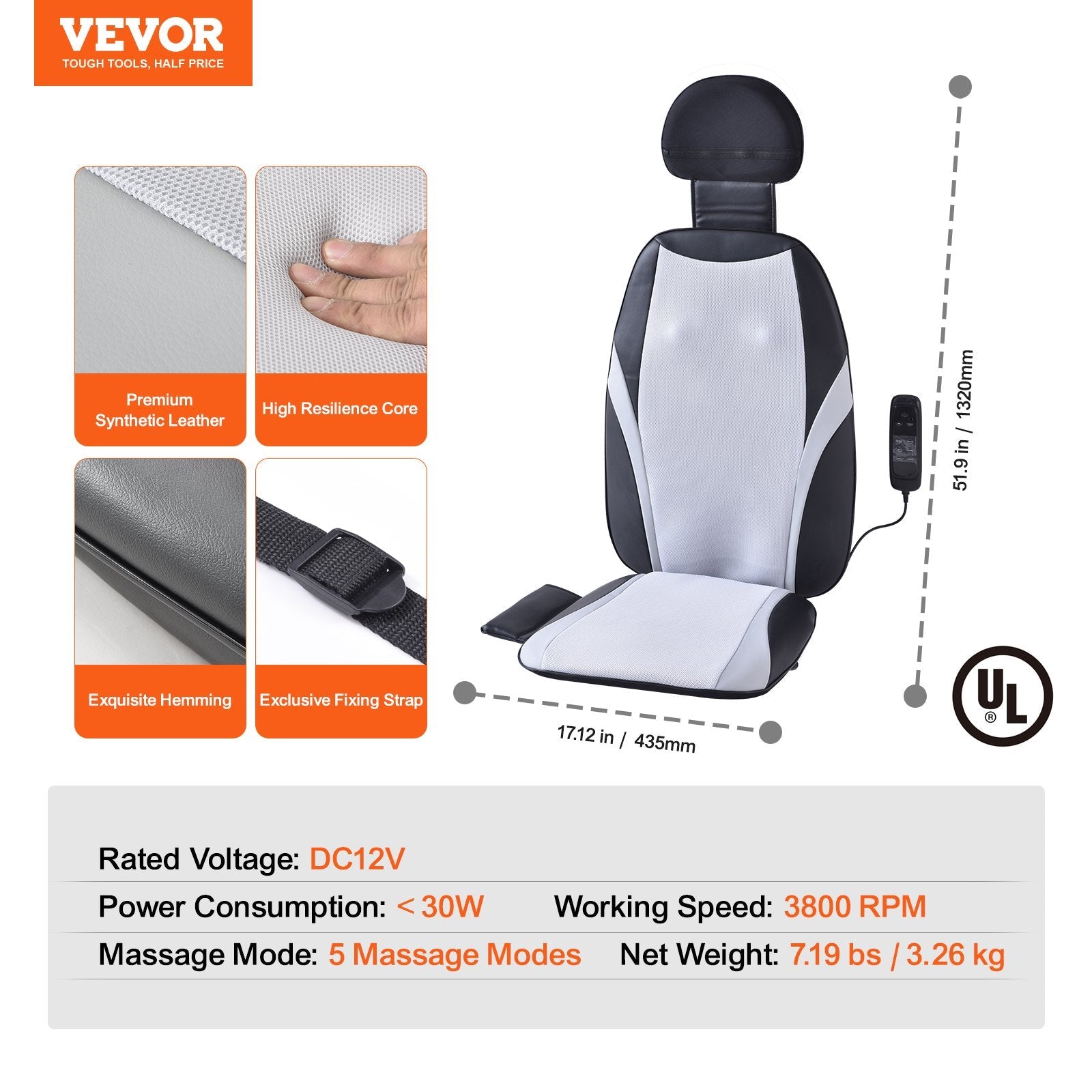 VEVOR Shiatsu Back Massager with Heat, Massage Seat Cushion with 2-Group Back Shiatsu Rollers and 2 Seat Vibration Motors, Fatigue Relief Seat Massage Chair Pad with 5 Vibration Modes for Home Office 