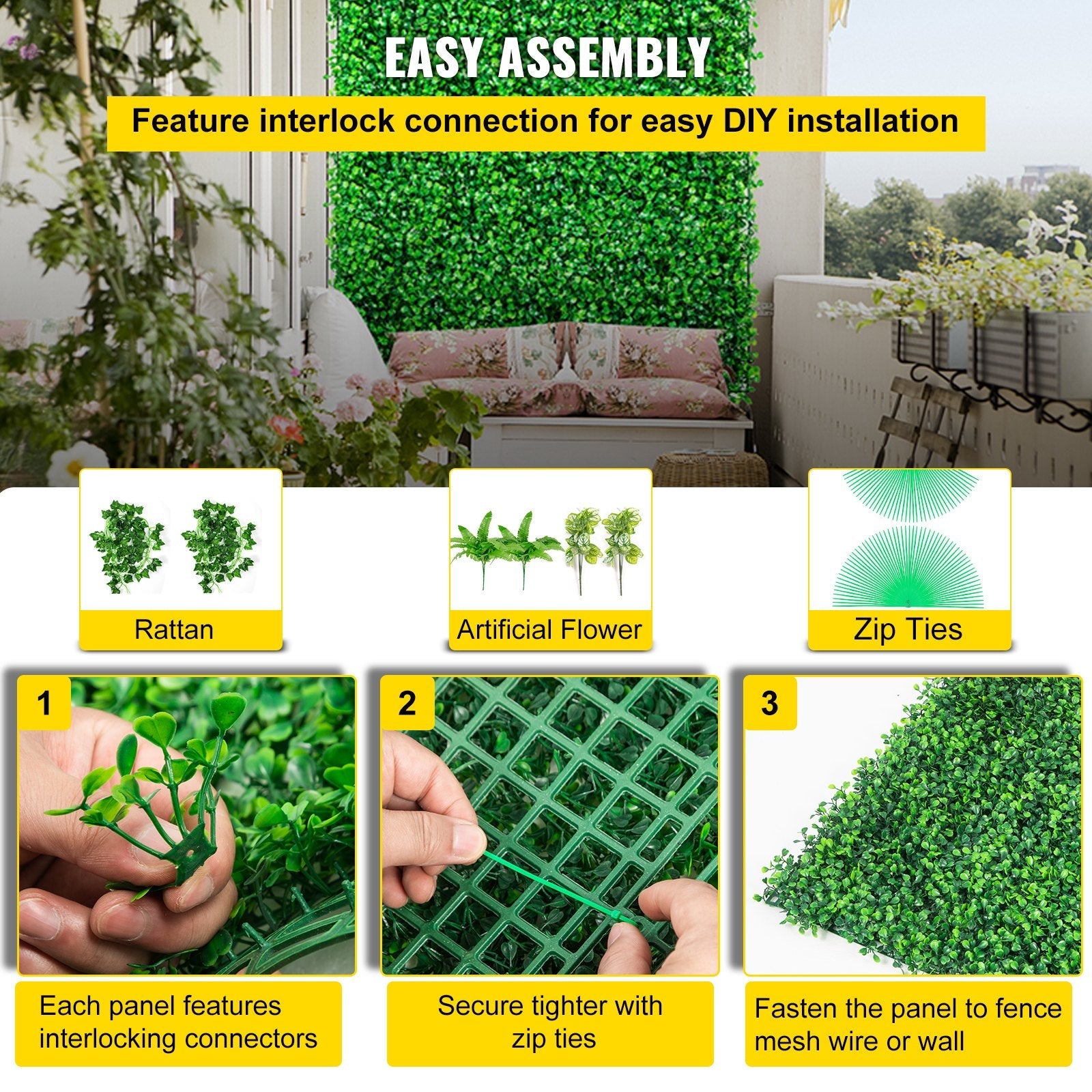 VEVOR Artificial Boxwood Panels, 12 PCS 20"x20" Boxwood Hedge Wall Panels, PE Artificial Grass Backdrop Wall 1.6", Privacy Hedge Screen for Decoration of Outdoor, Indoor, Garden, Fence, and Backyard 