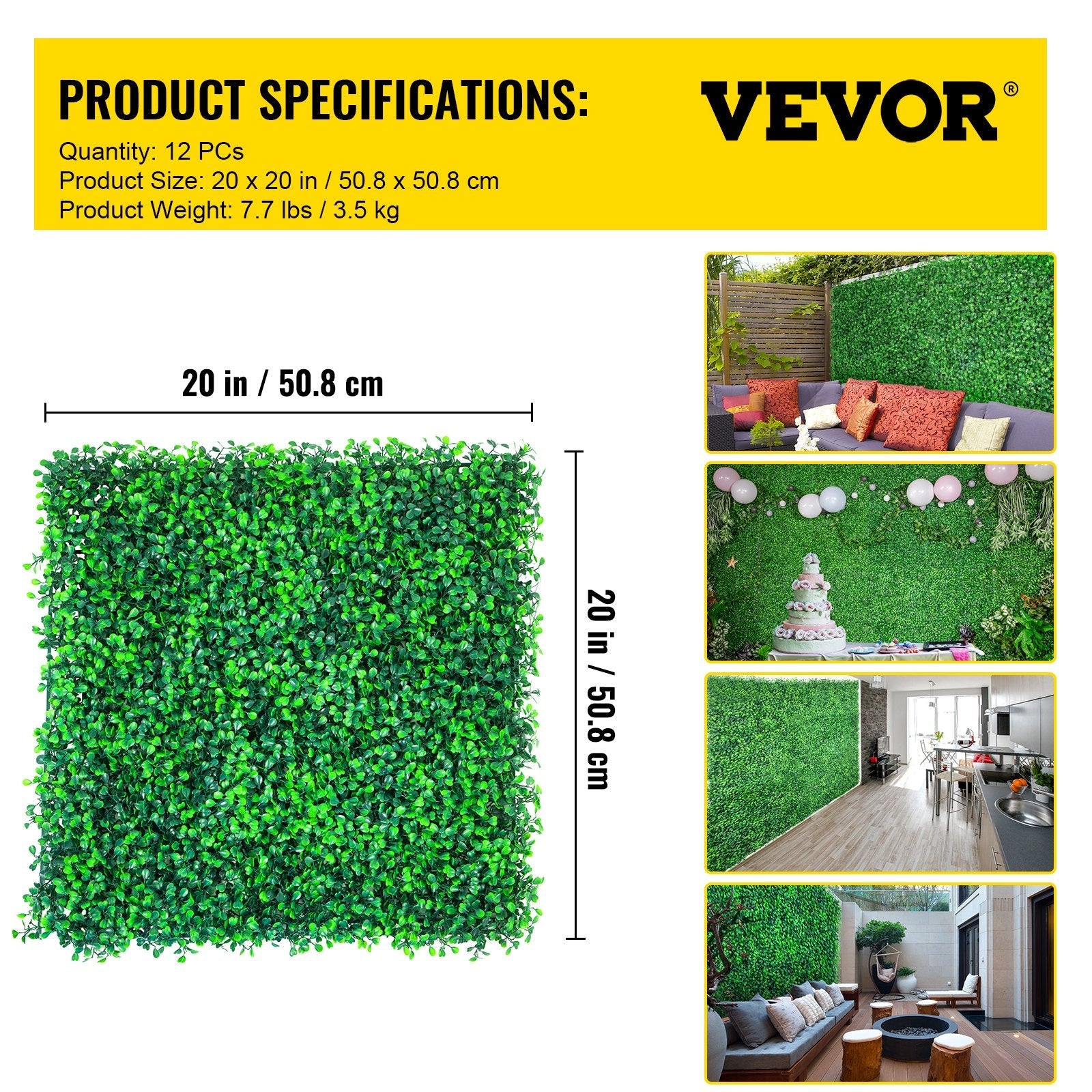 VEVOR Artificial Boxwood Panels, 12 PCS 20"x20" Boxwood Hedge Wall Panels, PE Artificial Grass Backdrop Wall 1.6", Privacy Hedge Screen for Decoration of Outdoor, Indoor, Garden, Fence, and Backyard 