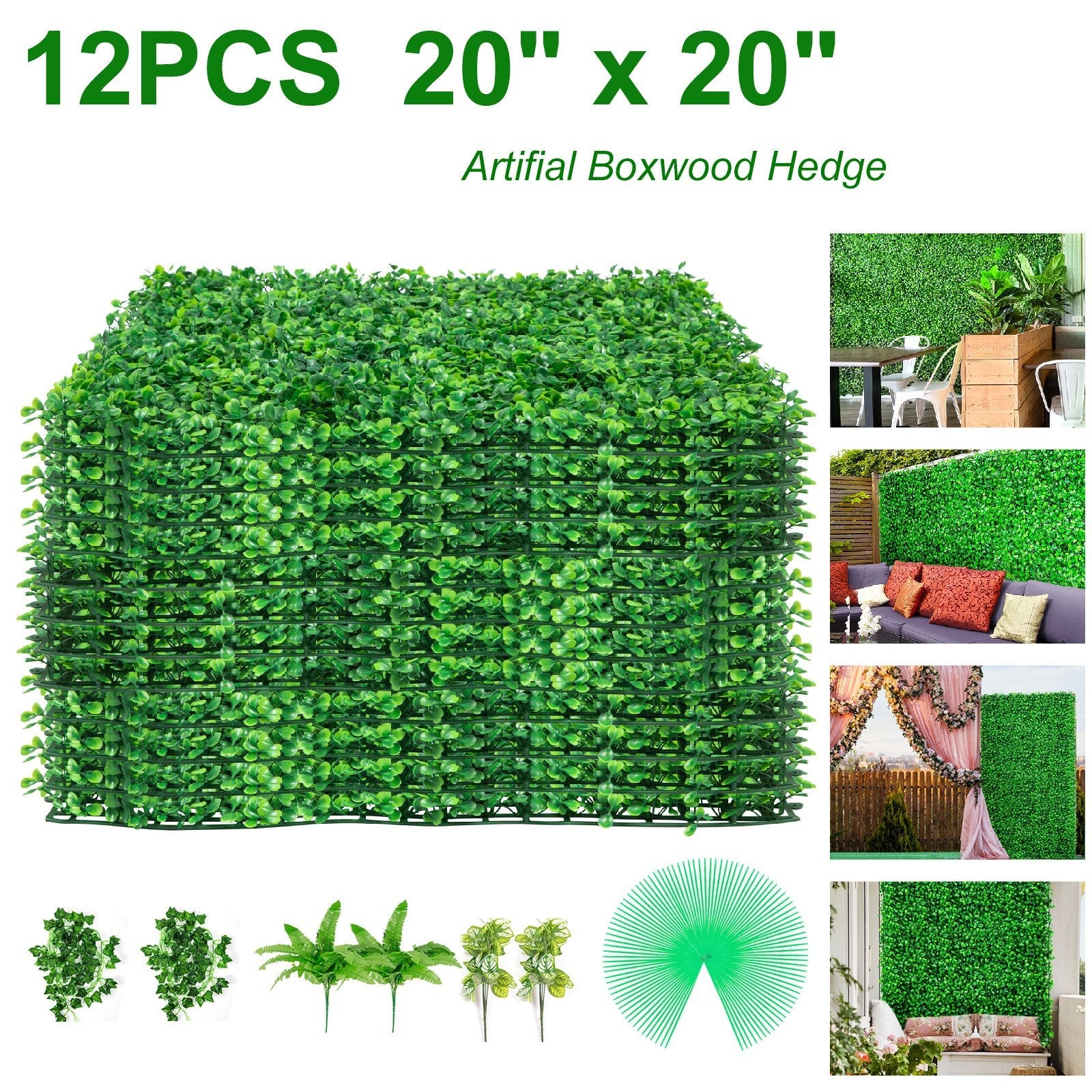 VEVOR Artificial Boxwood Panels, 12 PCS 20"x20" Boxwood Hedge Wall Panels, PE Artificial Grass Backdrop Wall 1.6", Privacy Hedge Screen for Decoration of Outdoor, Indoor, Garden, Fence, and Backyard 