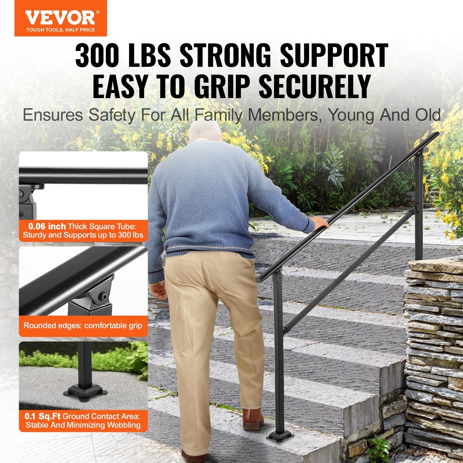 VEVOR Outdoor Stair Railing, Fits for 0-5 Steps Transitional Wrought Iron Handrail, Adjustable Exterior Stair Railing, Handrails for Concrete Steps with Installation Kit, Matte Black Outdoor Handrail 