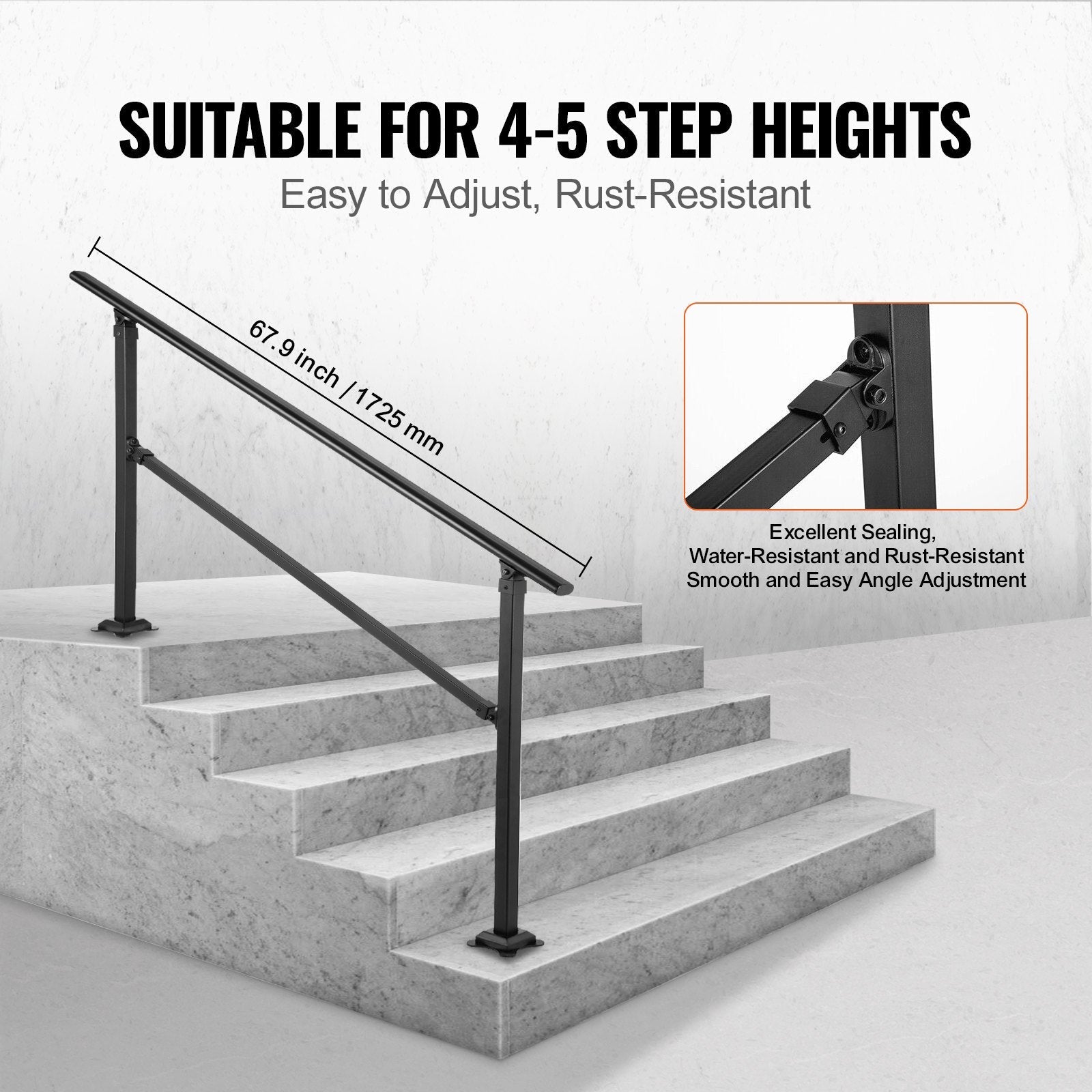 VEVOR Outdoor Stair Railing, Fits for 0-5 Steps Transitional Wrought Iron Handrail, Adjustable Exterior Stair Railing, Handrails for Concrete Steps with Installation Kit, Matte Black Outdoor Handrail 