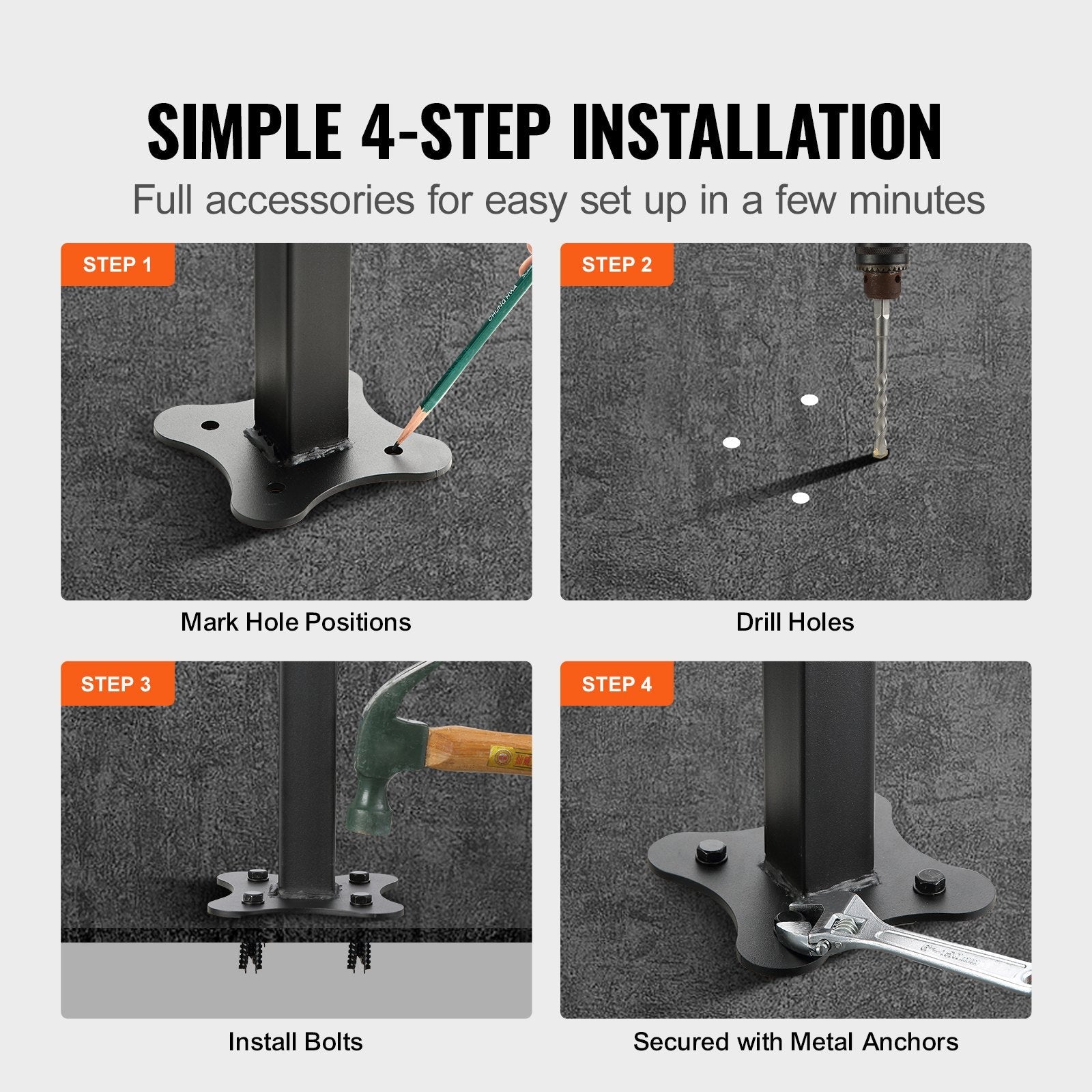 VEVOR Outdoor Stair Railing, Fits for 0-5 Steps Transitional Wrought Iron Handrail, Adjustable Exterior Stair Railing, Handrails for Concrete Steps with Installation Kit, Matte Black Outdoor Handrail 
